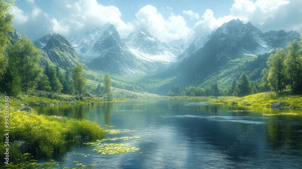 Fototapeta premium Serene mountain landscape with a reflective river and lush greenery.