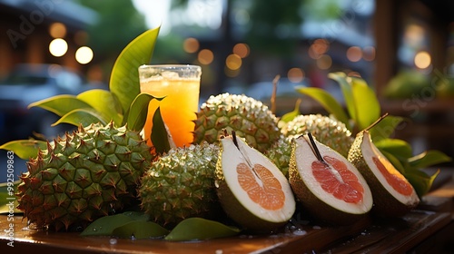 Closeup of marang fruits being peeled at a bustling outdoor caf with colorful cocktails and surfboards softly blurred behind creating a fun tropical vibe Scientific name Artocarpus odoratissimus photo