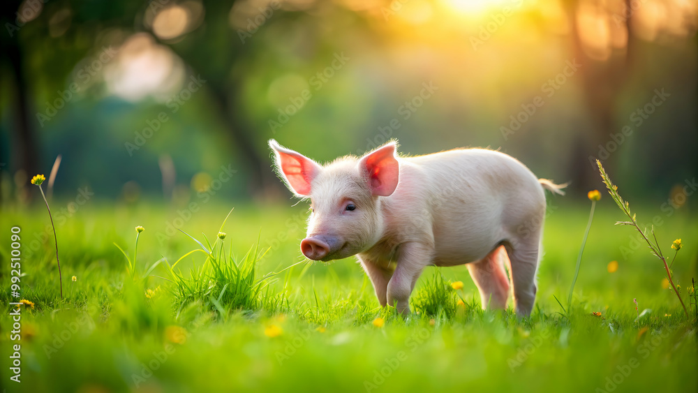 Little pig happily grazing on a lush green meadow, piglet, farm animal, cute, grass, pasture, livestock, nature, outdoors Little pig happily grazing on a lush green meadow, piglet, farm animal, cute, grass, pasture, livestock, nature, outdoors