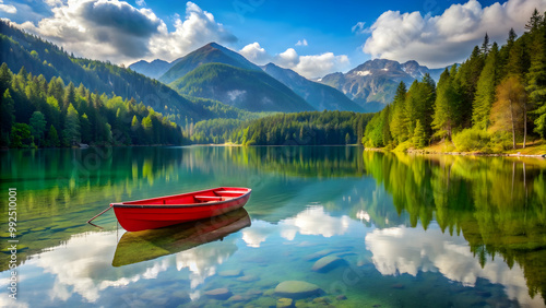 Beautiful lake with clear water, red boat, forest, mountains in background, lake, clear water, red boat, forest