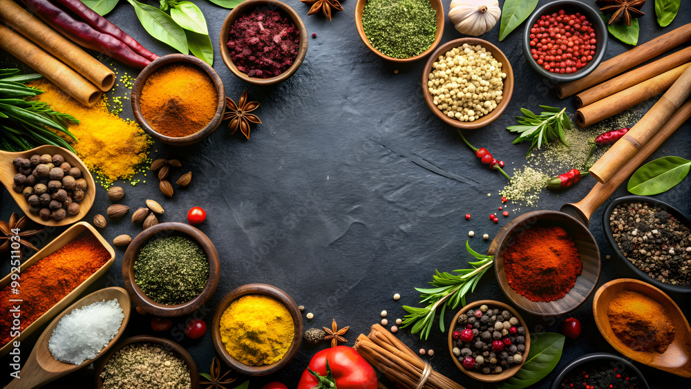 Various spices and herbs arranged on a black background from top view, food, background, black, spices, herbs Various spices and herbs arranged on a black background from top view, food, background, black, spices, herbs