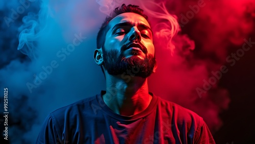 A close-up portrait of a man with a beard, surrounded by colorful smoke in red and blue tones, creating a dramatic atmosphere