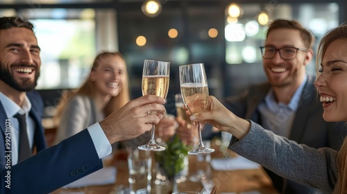 A business team celebrating a successful project with a toast, showing teamwork and achievement