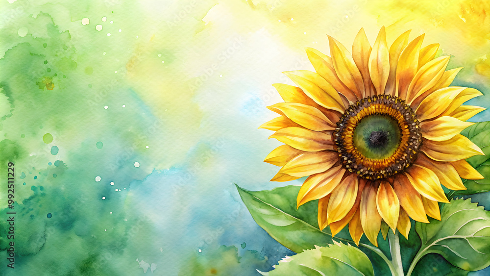 Obraz premium Sunflower watercolor painting with vibrant yellow petals and green leaves , sunflower, watercolor, painting, vibrant, yellow, petals
