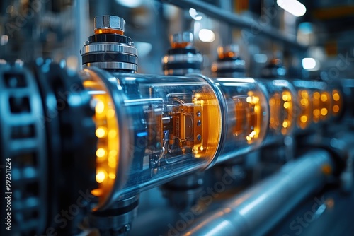 Close-up of industrial equipment with glowing orange lights.