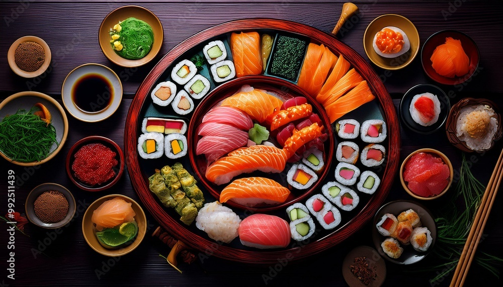 Fototapeta premium Japanese food on the table, various assorted sushi sets, top view