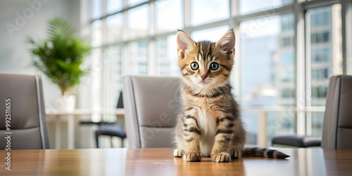 Adorable kitten in a professional office setting, kitten, office, cute, workspace, desk, computer, business