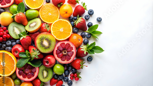 Colorful variety of fresh fruits laid out beautifully on a clean white background, fresh, fruits, colorful, variety