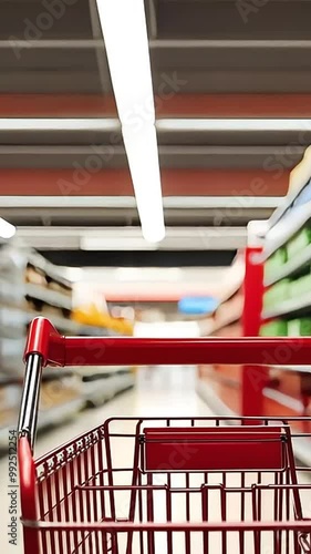Red shopping cart in a grocery store aisle.