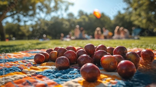 Closeup of maypop fruits scattered across bright colorful picnic blanket sunny park families enjoying the day and kites flying softly blurred in the background Scientific name Passiflora incarnata photo