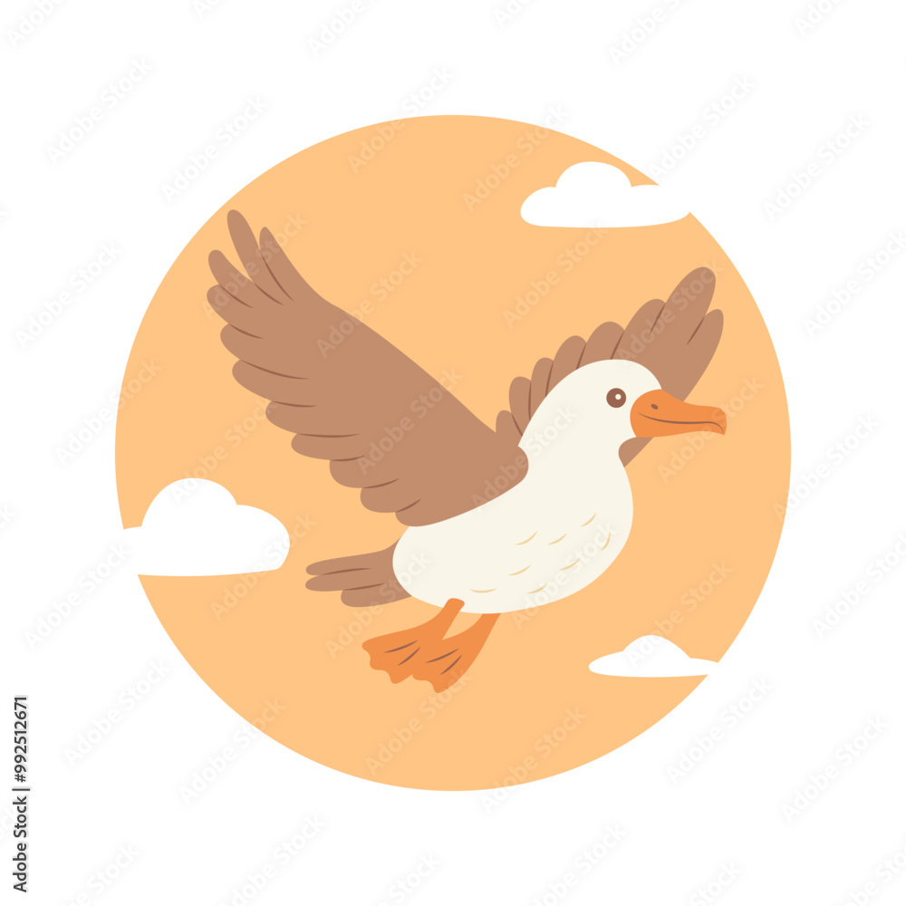 Cute Albatross Bird Animal Flying Free Flapping Wings with Sun in Bright Sky Cute Albatross Bird Animal Flying Free Flapping Wings with Sun in Bright Sky