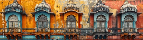 Vibrant, ornate balconies with colorful facades showcase intricate architectural details in a historic building.