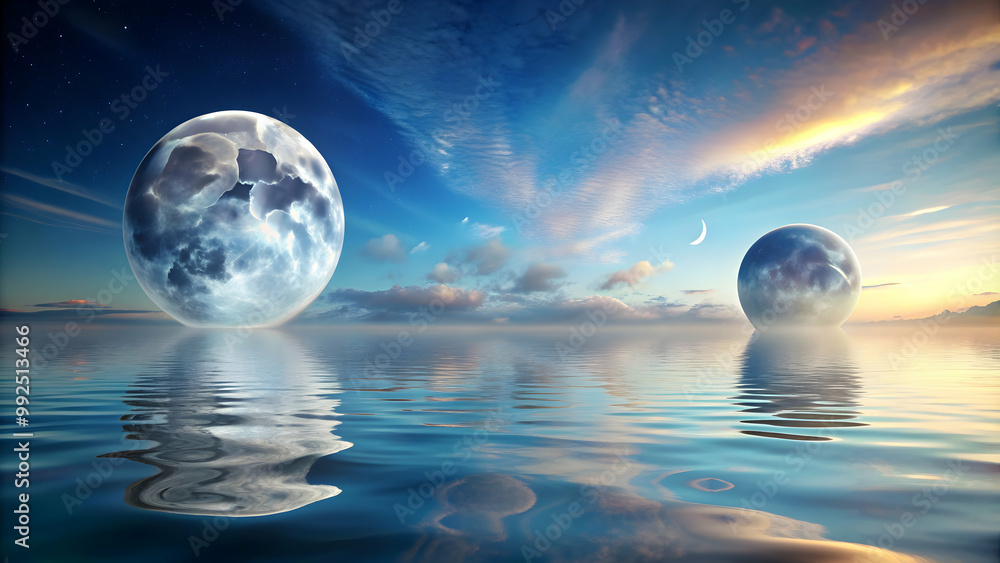 Fantasy landscape with two moons in the sky reflected on water surface Fantasy landscape with two moons in the sky reflected on water surface