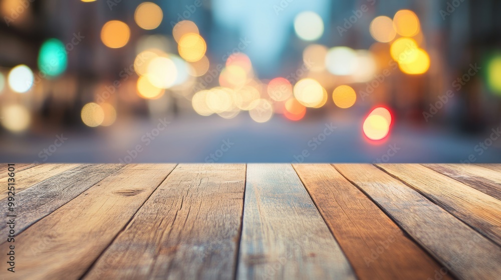 A rustic wooden table stands empty as colorful lights and blurred shapes of a lively street fill the background at night A rustic wooden table stands empty as colorful lights and blurred shapes of a lively street fill the background at night
