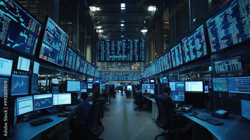 Modern Trading Room with Data Screens and Analysts Modern Trading Room with Data Screens and Analysts