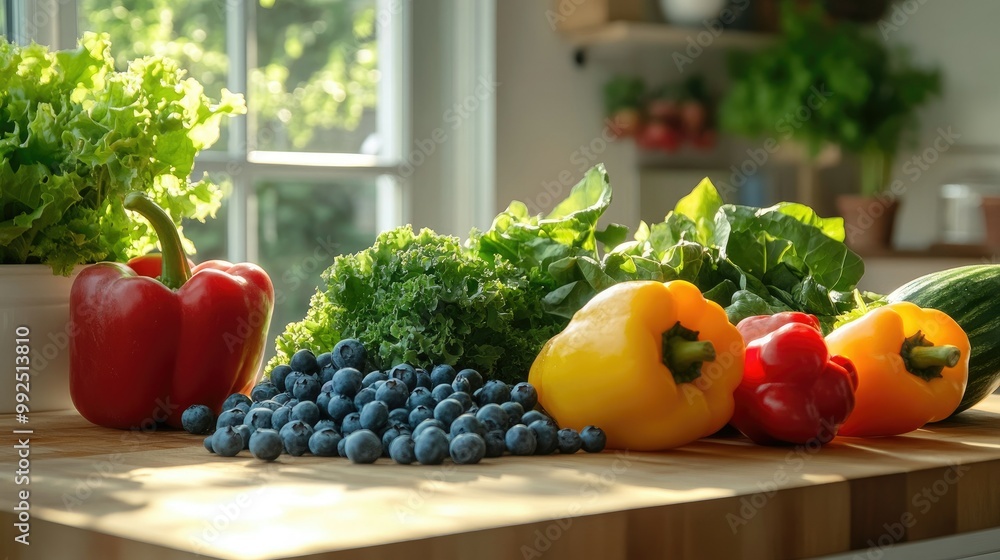 Fresh Vegetables and Fruits on Wooden Table Fresh Vegetables and Fruits on Wooden Table