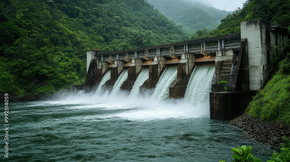 Serene Hydro Power Dam Surrounded by Lush Greenery Serene Hydro Power Dam Surrounded by Lush Greenery