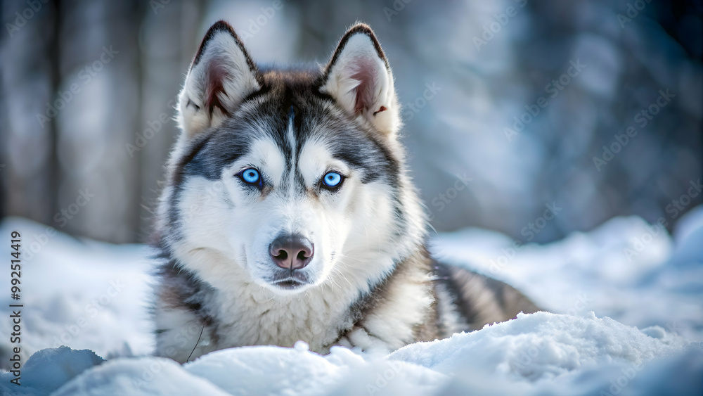 Siberian Husky with striking blue eyes resting in the snow, Siberian Husky, blue eyes, snow, winter, dog, pet, canine, fur Siberian Husky with striking blue eyes resting in the snow, Siberian Husky, blue eyes, snow, winter, dog, pet, canine, fur