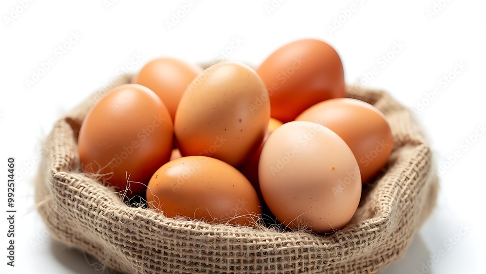 Brown eggs in burlap sack on white background Brown eggs in burlap sack on white background