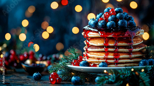 Colorful blue red stack blueberry pancakes with syrup berries, sweet delicious breakfast food, festive holiday homemade fluffy cakes, indulgent dessert