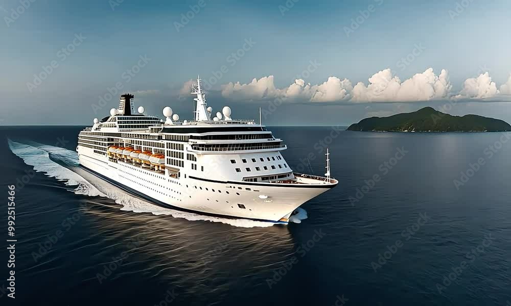 A large cruise ship sails through blue waters, leaving a white wake, with a small, green island in the distance. A large cruise ship sails through blue waters, leaving a white wake, with a small, green island in the distance.