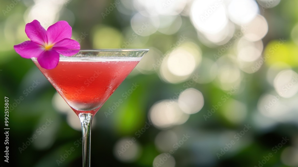 A refreshing cocktail with a pink hue adorned by a flower is set amidst a bright tropical landscape A refreshing cocktail with a pink hue adorned by a flower is set amidst a bright tropical landscape