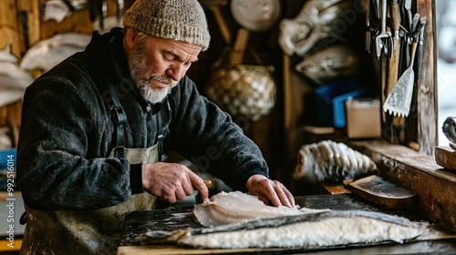 Artisan Preparing Fresh Fish in Rustic Workshop