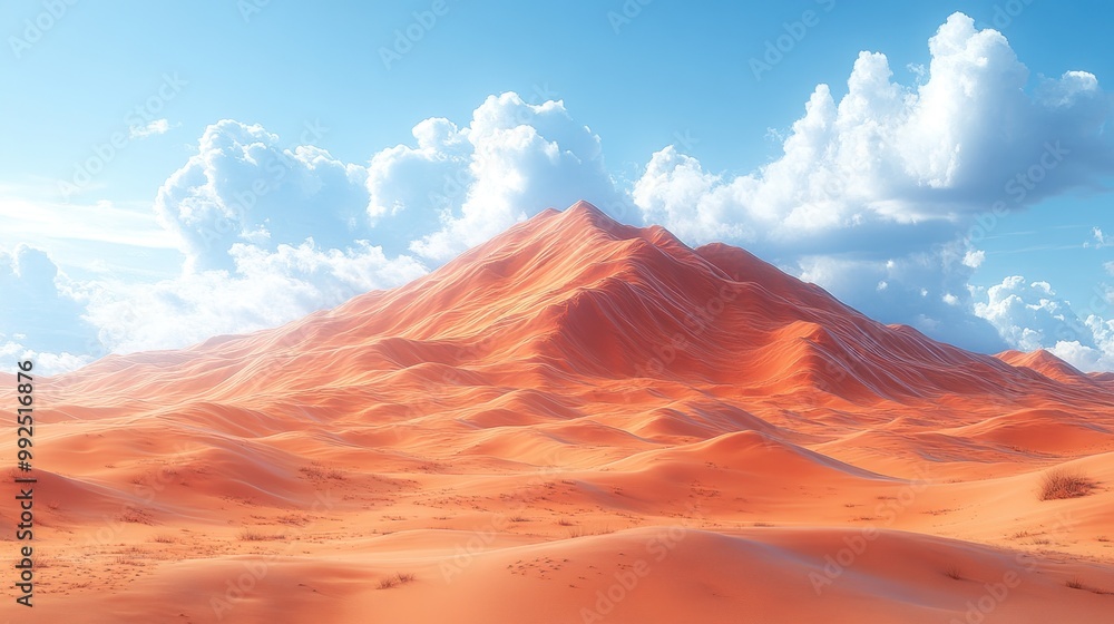 Naklejka premium A vast desert landscape with a prominent orange mountain and clouds.