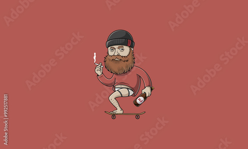 Bearded man smoking, skateboarding, and holding a bottle.