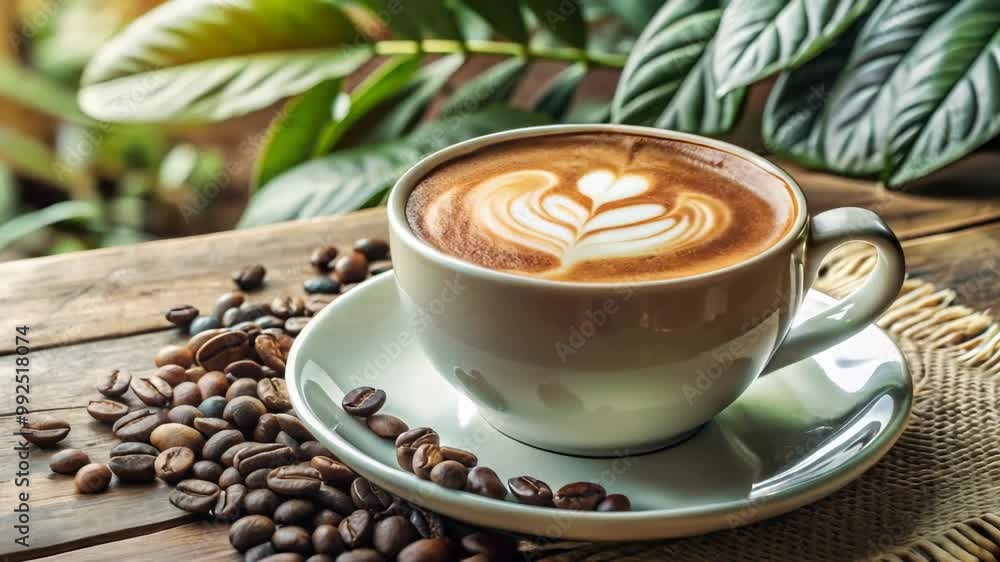 A cup of coffee with milk on the table with scattered coffee beans A cup of coffee with milk on the table with scattered coffee beans