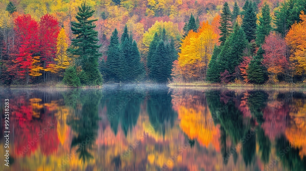 Fototapeta premium Vibrant Autumn Reflections on Serene Lake