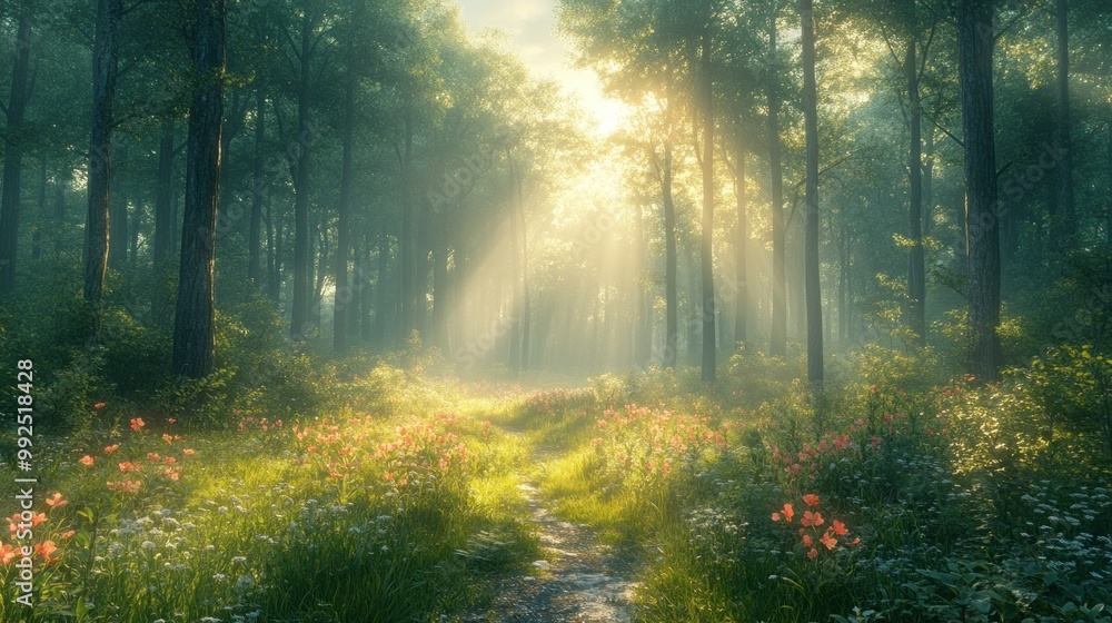 Obraz premium Serene forest path illuminated by soft sunlight and blooming flowers.