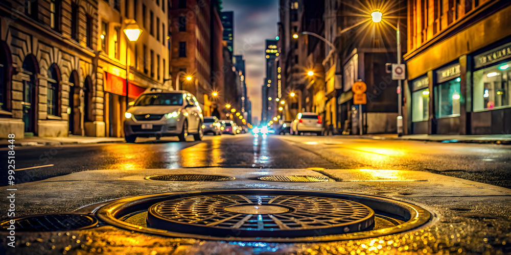 Obraz premium New York City street at night with a manhole, spotlight, and taxi , urban, cityscape, , glowing