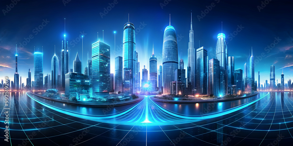 Futuristic cityscape with digital holograms in a 360-degree panoramic view, cyberpunk, technology, digital Futuristic cityscape with digital holograms in a 360-degree panoramic view, cyberpunk, technology, digital
