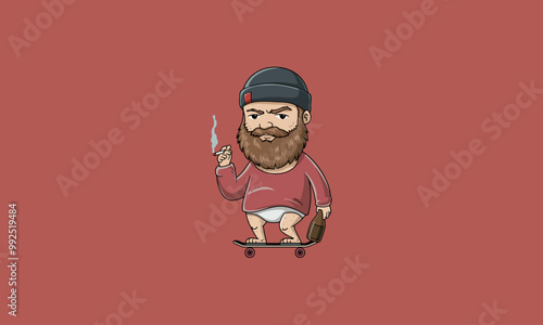 Bearded man smoking, skateboarding, and holding a bottle.