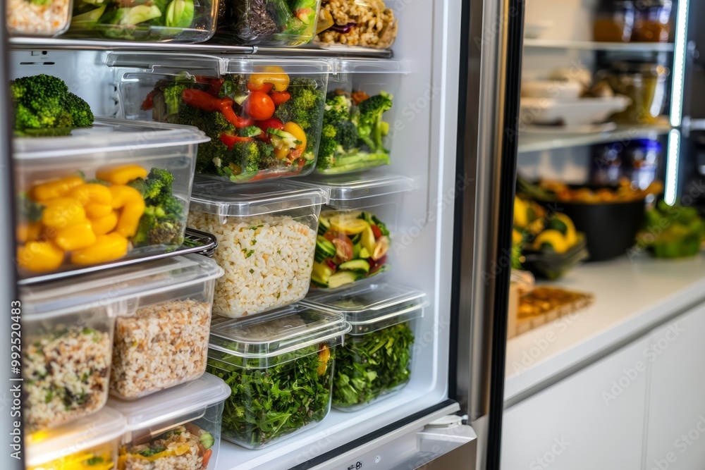 A Fridge Stocked With Neatly Organized Meal Prep Containers. Each Container Holds A Balanced And Healthy Meal For The Week A Fridge Stocked With Neatly Organized Meal Prep Containers. Each Container Holds A Balanced And Healthy Meal For The Week