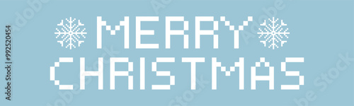 Merry christmas pixel retro text with snowflkes, border decoration. Winter frame. Print, decoration. Greeting photo