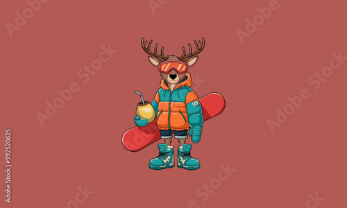 Cool deer in winter gear holding a snowboard and drink.