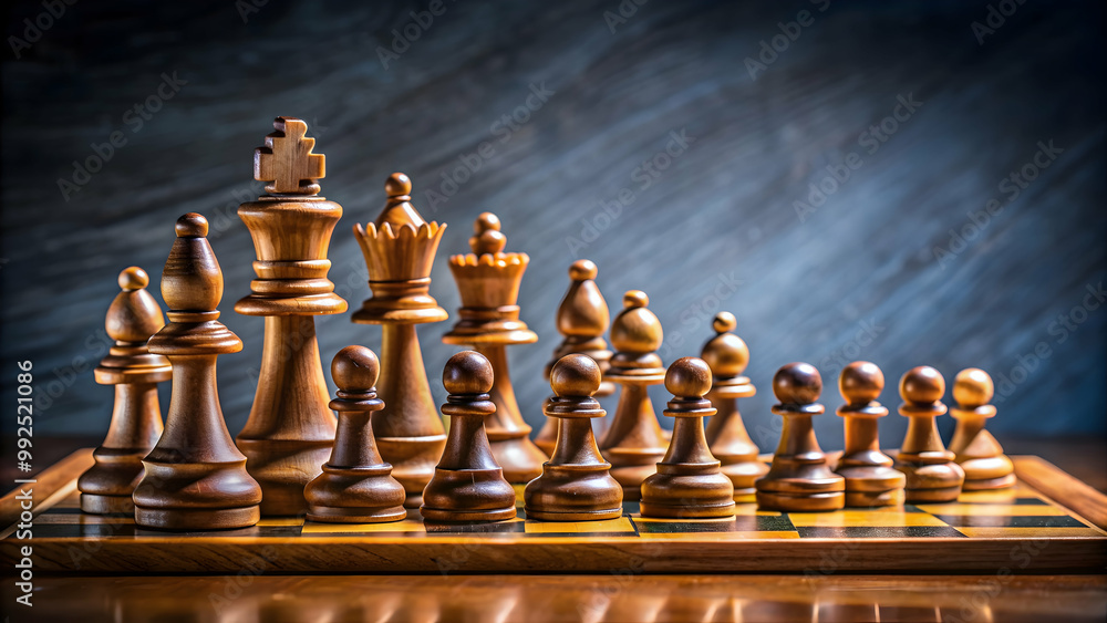 Chess pieces arranged on a wooden chessboard, strategic, game, competition, king, queen, bishop, knight, rook Chess pieces arranged on a wooden chessboard, strategic, game, competition, king, queen, bishop, knight, rook