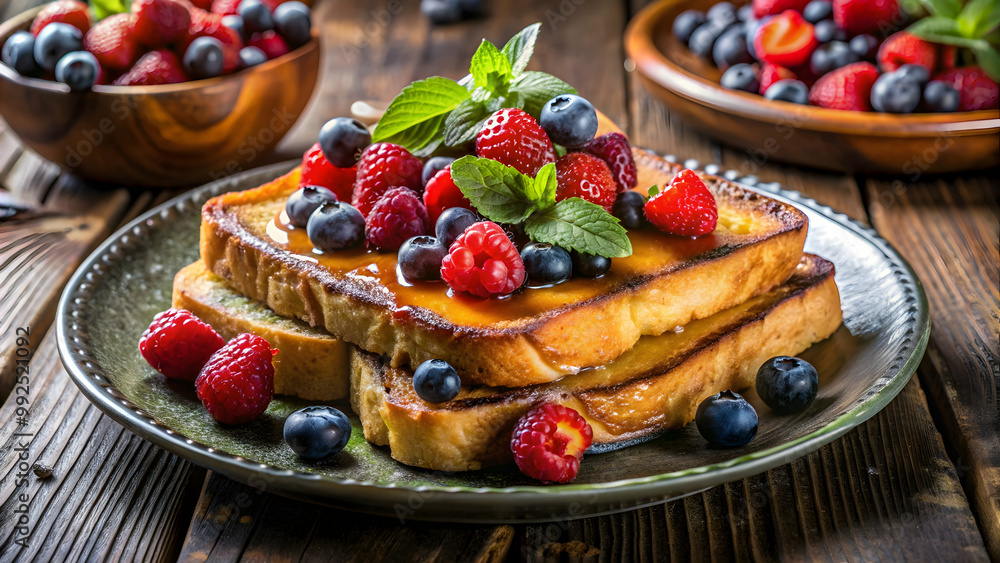 Delicious Berry Topped French Toast on rustic plate, French toast, berries, raspberries, blackberries, mint leaves, honey Delicious Berry Topped French Toast on rustic plate, French toast, berries, raspberries, blackberries, mint leaves, honey