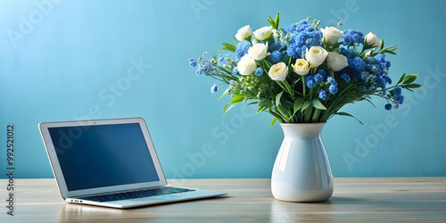 Wallpaper Mural Blue and white flowers bouquet in a futuristic vase with a laptop and a tablet on the side, blue, white, flowers, bouquet Torontodigital.ca