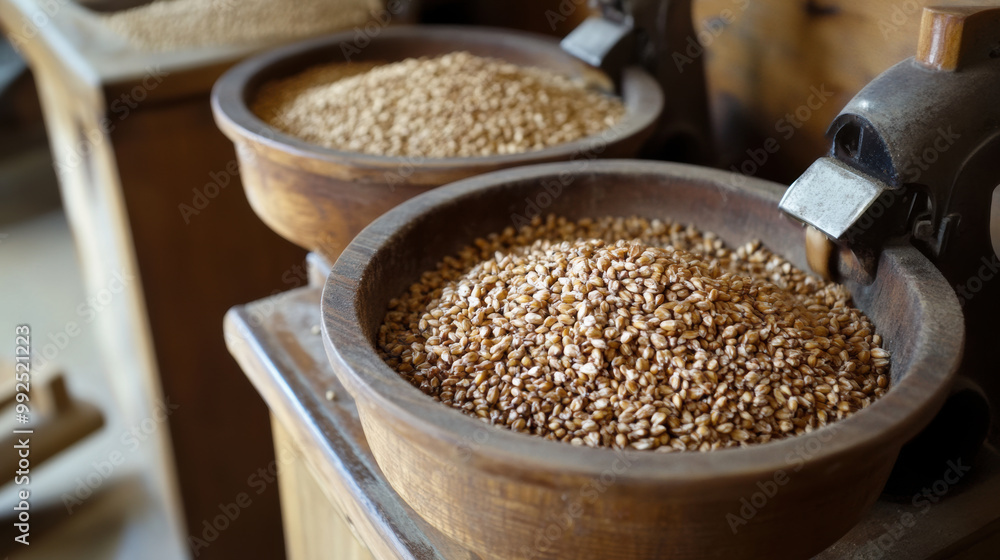 Grains are ground in traditional grain mill, showcasing rustic charm of process. wooden bowls filled with grains highlight natural textures and colors of ingredients Grains are ground in traditional grain mill, showcasing rustic charm of process. wooden bowls filled with grains highlight natural textures and colors of ingredients