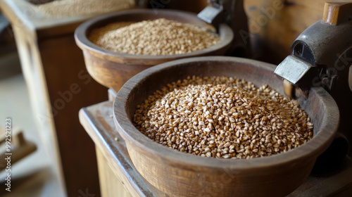 Grains are ground in traditional grain mill, showcasing rustic charm of process. wooden bowls filled with grains highlight natural textures and colors of ingredients