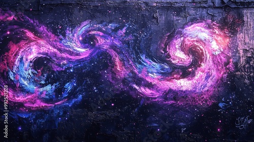 Graffiti wall with swirling galaxy patterns, deep blues and purples photo