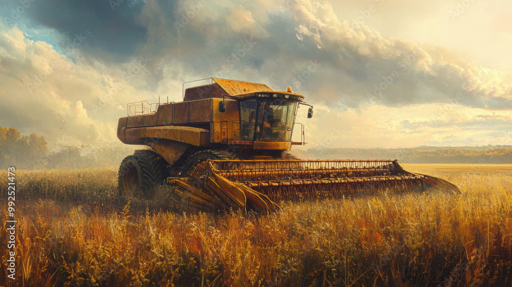 Fototapeta premium Harvesting with combine harvester in golden field under dramatic sky, showcasing beauty of agricultural machinery and natures bounty