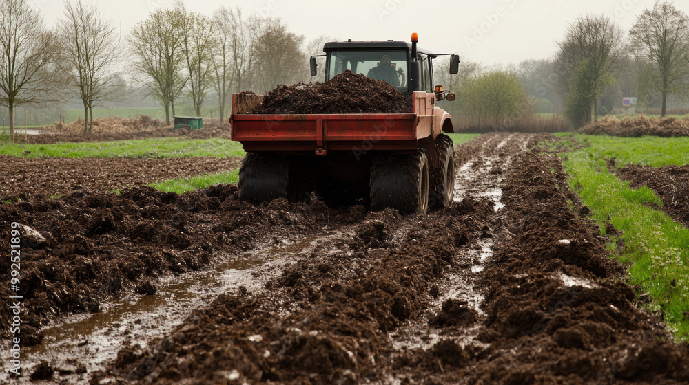 Fototapeta premium Heavy machinery is seen spreading manure across muddy field, showcasing agricultural practices. scene captures essence of farming and land management