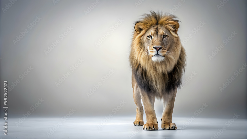 Lion standing confidently in front of a plain white background, wildlife, predator, king of the jungle, majestic, fierce Lion standing confidently in front of a plain white background, wildlife, predator, king of the jungle, majestic, fierce