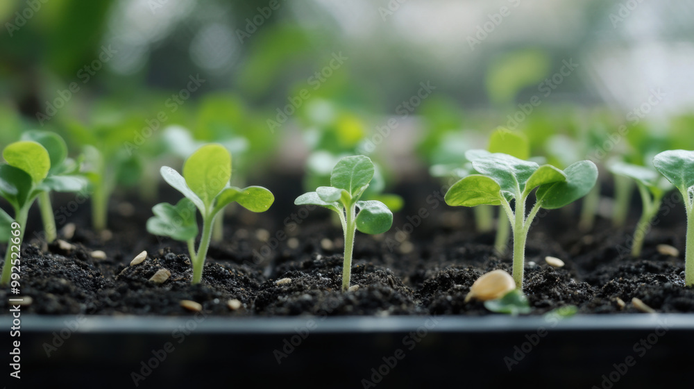 Fresh green seedlings sprout from rich, dark soil, showcasing beauty of new life in garden setting. vibrant leaves reach for sunlight, symbolizing growth and potential Fresh green seedlings sprout from rich, dark soil, showcasing beauty of new life in garden setting. vibrant leaves reach for sunlight, symbolizing growth and potential