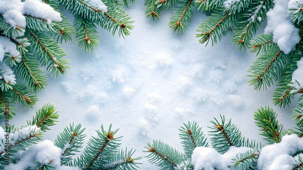 Snow-covered spruce branches with blank space for text, winter, pine, evergreen, snowy, cold, nature, forest Snow-covered spruce branches with blank space for text, winter, pine, evergreen, snowy, cold, nature, forest