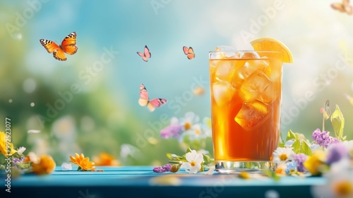 A refreshing iced tea served in a tall glass on a sunlit garden table, surrounded by colorful blooms and delicate butterflies dancing in the warm breeze. photo